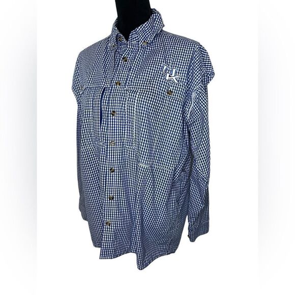 DRAKE UNIVERSITY OF KENTUCKY BLUE CHECKERED BUTTON UP WINGSHOOTERS SHIRT SIZE S - Picture 2 of 11
